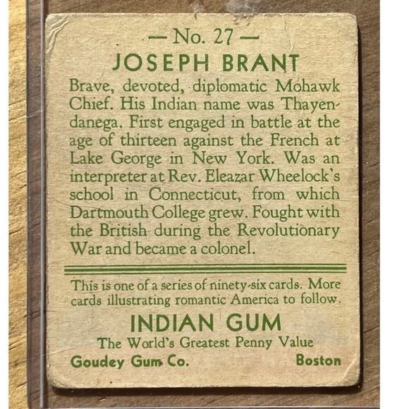 ORIGINAL JOSEPH BRANT 1933 GOUDY INDIAN CHEWING GUM CARD #27 NATIVE AMERICAN - Picture 2 of 2